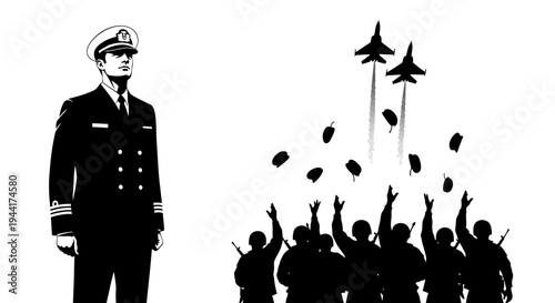 Naval Officer Oversees Military Salute with Fighter Jets and Soldiers