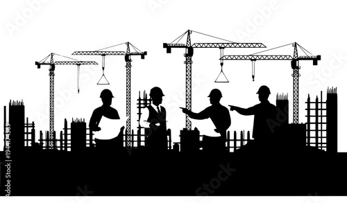 Construction site silhouette with engineers architects workers and crane skyline vector illustration