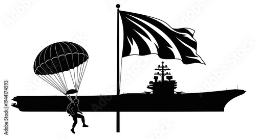 Parachutist Descends onto Aircraft Carrier with Flag
