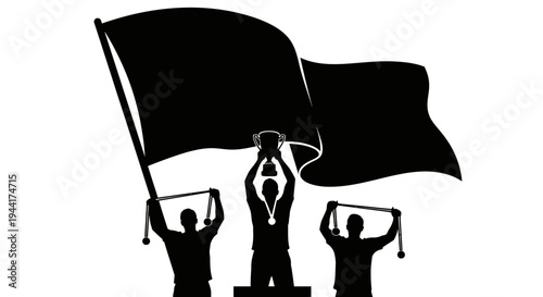 Silhouette of a Champion Holding a Trophy and Flag on a Podium with Medals