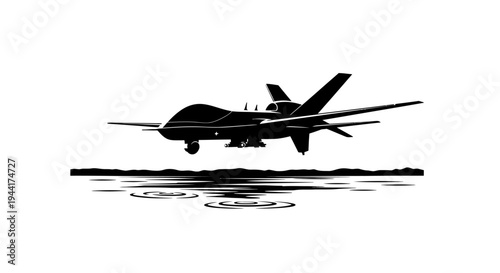 Silhouette of a drone flying over water with reflections