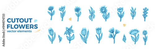 Flowers collage cutout naive summer tones. Daisy, tulip cut out with crayon line patterns no bg. Scrapbook blue wildflower shapes. Vector kids spring notes stickers isolated. Summer floral memo tags.