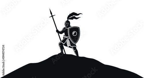 Silhouette of a medieval knight with spear and shield standing on a hill