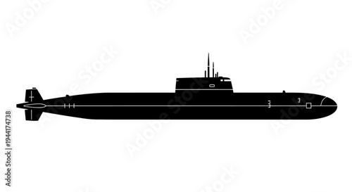 Silhouette of a modern military submarine, side view, isolated on white background