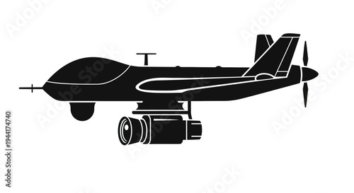Silhouette of a military drone with a camera, isolated on white background
