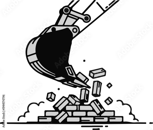 Excavator bucket digging into and demolishing a brick wall