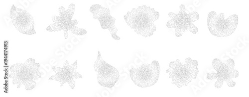 Grain flower icons with mist and leaves gradation for sticker and print. Flower shapes in ethereal grain airbrush noise and diffused blur. Botanical figure vector dotwork set.