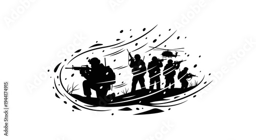 Silhouette of Soldiers in Combat with Helicopter and Rain