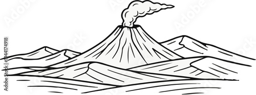 Line art of a cone-shaped volcano erupting smoke and ash