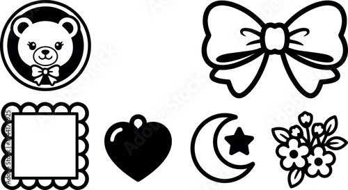 Cute simple black and white baby themed vector icons including teddy bear bow heart moon star flower frame set