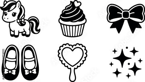 Cute black and white vector icons of pony cupcake bow shoes heart mirror and sparkles simple line art style