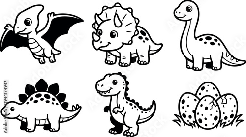 Cute cartoon dinosaur set with smiling pterodactyl triceratops brontosaurus stegosaurus tyrannosaurus rex and eggs black and white vector art