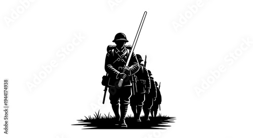 Silhouette of Soldiers Marching with Rifles, Vintage Military Scene
