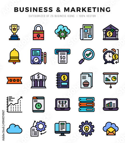 Set of Business & Marketing Icons. Simple Lineal Color art style icons pack.