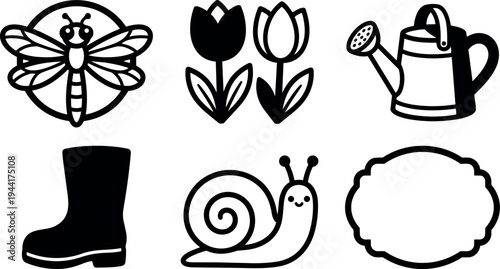 Black and white line art garden icons including bee tulip watering can boot snail and ornamental frame in simple style