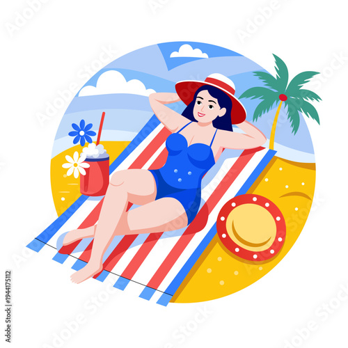 Flat style illustration depicting a woman relaxing on beach