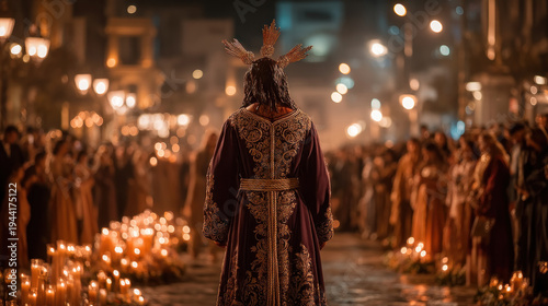 Holy Week religious procession with figure of Jesus Christ statue walking through candlelit crowd at night spiritual Semana Santa tradition Generative AI