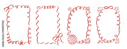 Bachelorette whimsical red vintage doodle frames. Coquette borders with bows set. Ribbon and lace squiggle menu cadre. Vector wedding frame on white background. Christmas or festive oval, rectangle.