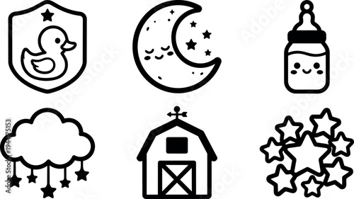 Line art moon with stars cloud with hanging stars barn house baby bottle and duck shield icons set in simple black and white style