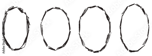 Oval circle hand drawn frames in bold crayon and brush for scrapbook design. Doodle oval borders with rough line and thin pencil circle scribble. Grunge vector set with chalk texture marks.