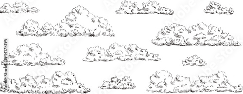 Vintage sky clouds sketchy hand-drawn. Cloud line art with retro pencil texture. Vector graphic for creative outdoor design concepts isolated on transparent background.