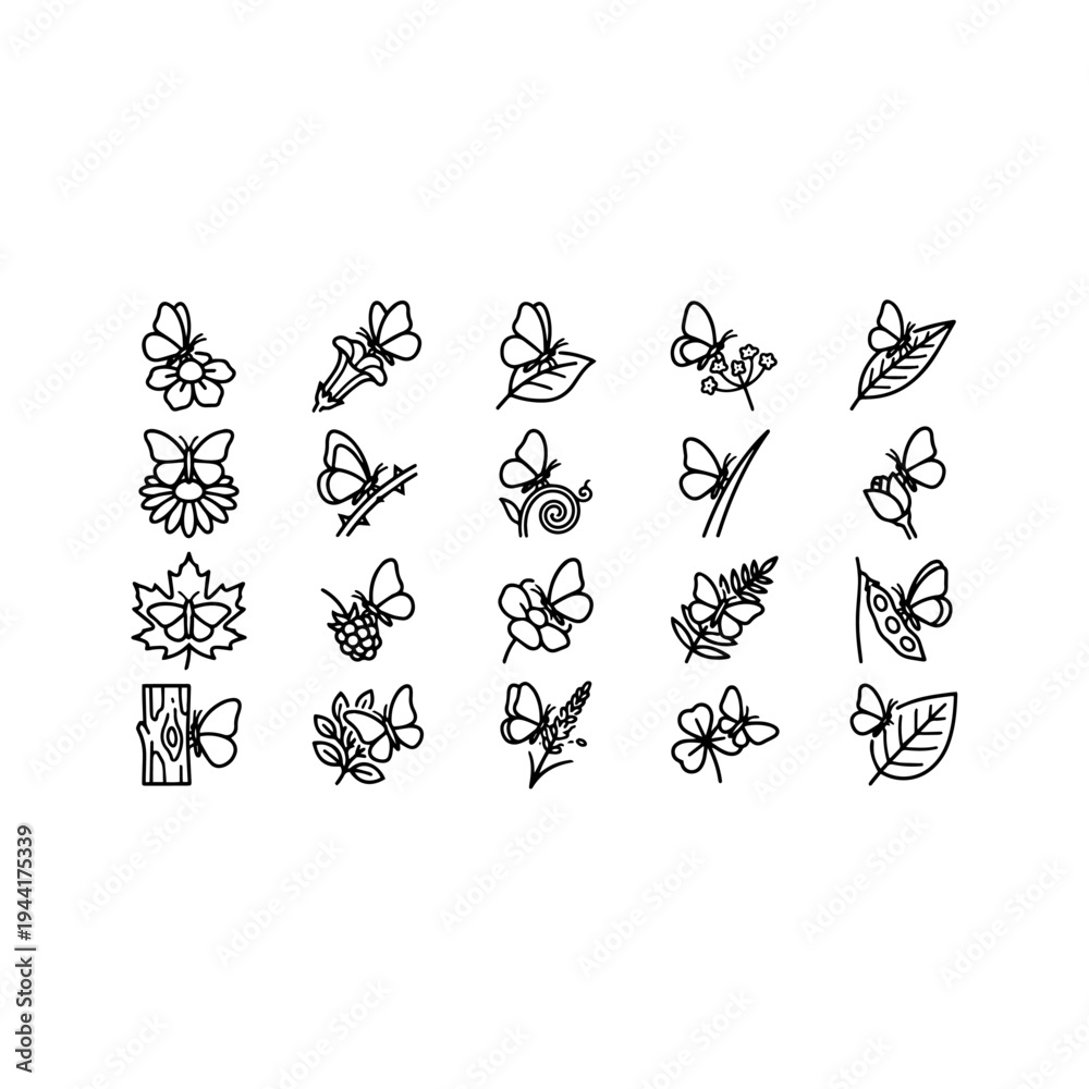 Fototapeta premium Butterflies on Different Flowers Icon Sheet