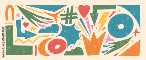 Abstract geometric crayon icon shapes. Set of pastel textured crown, arrows, triangles, and playful geometric elements in vibrant colors for creative design. Vector naive funky pattern background.