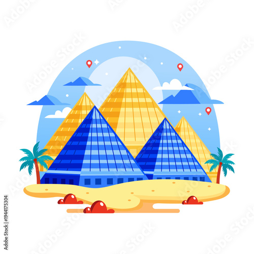 A flat style illustration showing egyptian pyramids