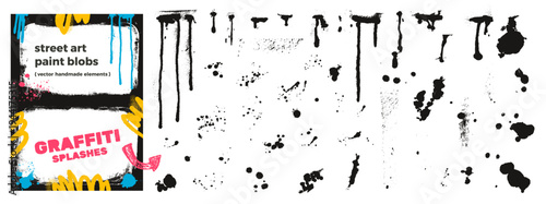 Graffiti drip and spray paint splash set with raw ink elements and black splotch. Street art grafitti drips with dot dust and smudge blob silhouettes. Abstract vector collection for urban wall bg.