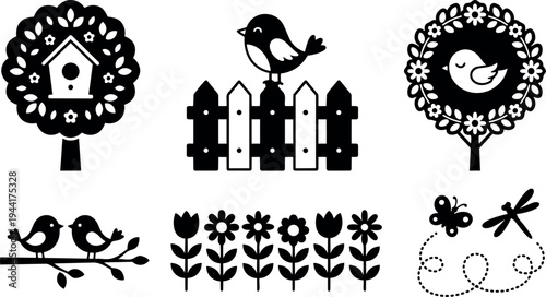 Black silhouette birds on fence and branch with tree birdhouse flowers and insects vector icons collection