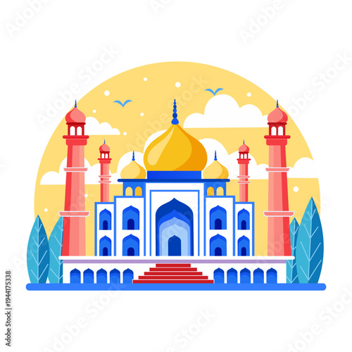 Flat style illustration depicting the taj mahal
