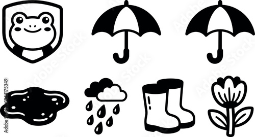 Black and white vector icons set featuring smiling frog badge rain umbrella rainy cloud with raindrops puddle rain boots and flower illustration