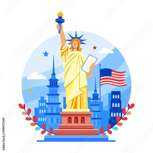 A flat style illustration depicting the liberty statue