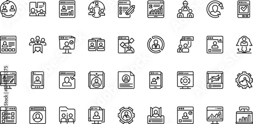 Customer relationship management and business analytics line icon set featuring CRM dashboards user profiles reports team collaboration and data monitoring tools