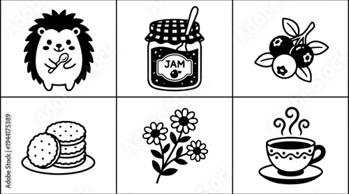 Cute hedgehog holding spoon jam jar with spoon blueberry berries stack of biscuits flower bouquet steaming cup of tea vector art