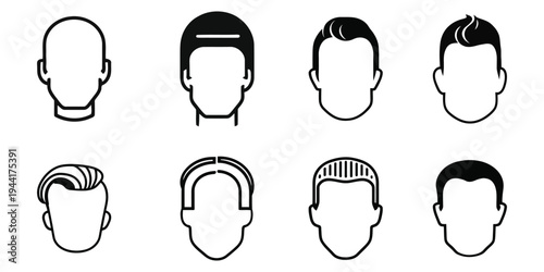 Men Head Avatar Icons Set, Male Hairstyle Outline Icons Collection