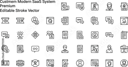 Customer service and SaaS support system line icon set with helpdesk chat communication CRM tickets and user support tools