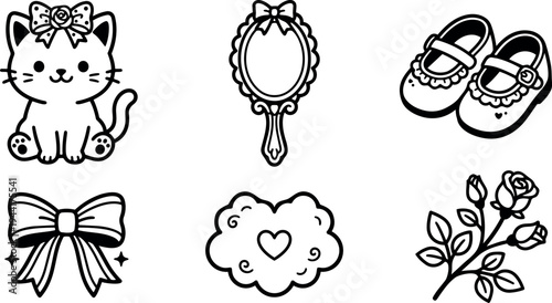 Cute kitten with bow sitting next to decorative bow hand mirror baby shoes heart cloud and rose branch line art vector