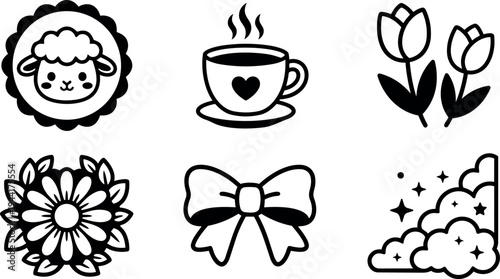 Cute black and white vector icons of lamb face chamomile flower tulip cup with heart bow and decorative cloud with stars
