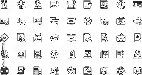 Customer support and helpdesk communication line icon set featuring live chat service agents CRM messaging tickets and contact center tools