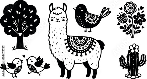Black and white flat design vector with smiling llama bird flowers cactus and decorative tree hand drawn style