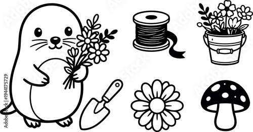 Cute smiling cartoon mole holding bouquet of flowers with gardening tools and mushroom vector art set