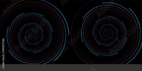 3D red black dynamic techno background on dark space. Tech banner with rotating circles style decoration. Modern graphic design element