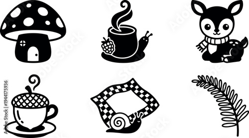 Cute black and white vector icons including mushroom house snail with cup acorn cup deer with scarf fern leaf and checkered cloth