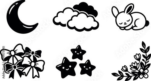 Black and white vector icons of crescent moon clouds sleeping bunny decorative bows smiling stars and floral branch corner