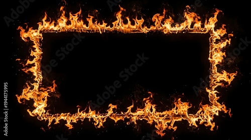 Rectangular frame made of fire and flames isolated on black background, copyspace