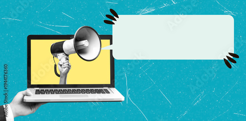 Art collage shows a hand holding a megaphone above a laptop with a blank speech bubble on a bright background