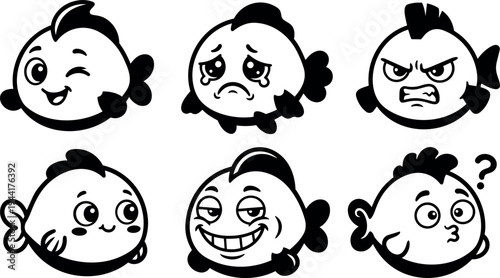 Black and white cartoon fish characters showing various emotions with cute and expressive facial expressions in vector art style
