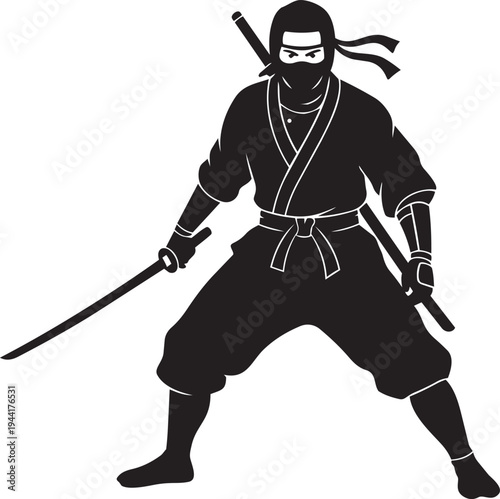 A dynamic vector illustration depicting a formidable masked warrior in an agile stance, embodying the ancient traditions of stealth and combat readiness with sharp blades