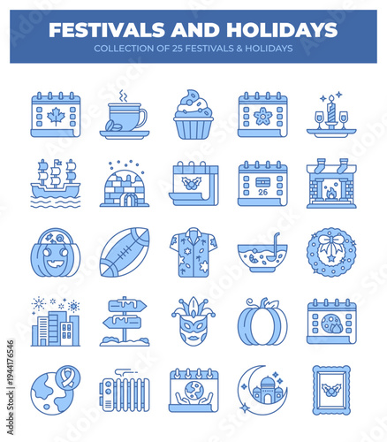 Collection of 25 Festivals and Holidays. Icons of Seasonal Celebrations and Cultural Events